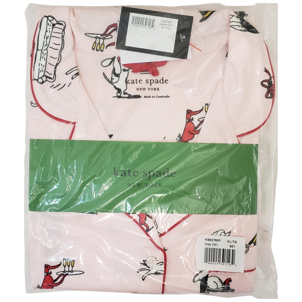 KATE SPADE New York Pajama Set Women Pink Holiday Long Sleeve Notch Collar